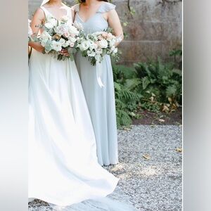 Birdy grey dove grey bridesmaid dress with fluttery cap sleeves (hemmed to ~5’4)